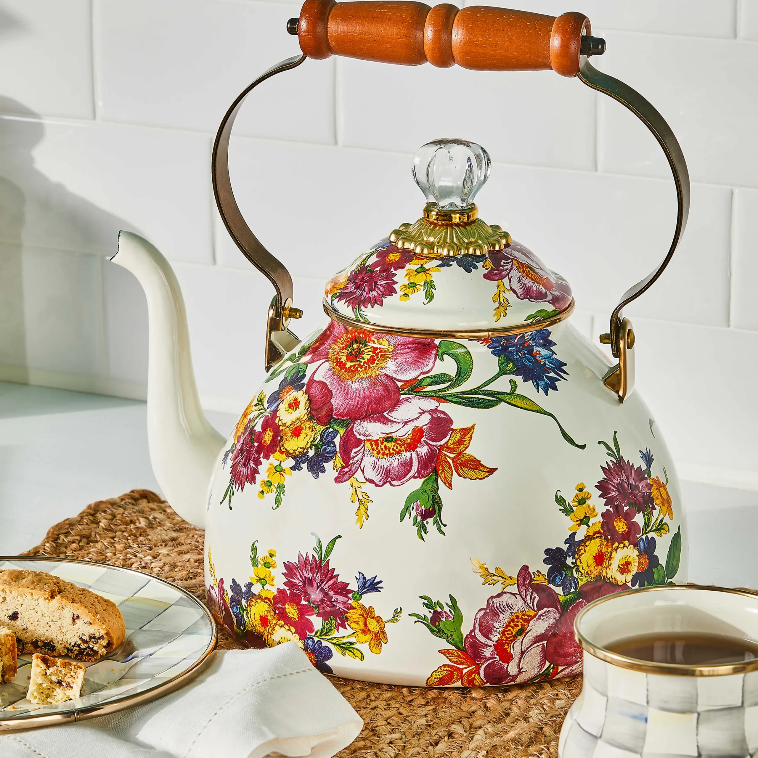 MacKenzie-Childs White Flower Market 3 Quart Tea Kettle| Tea Kettles