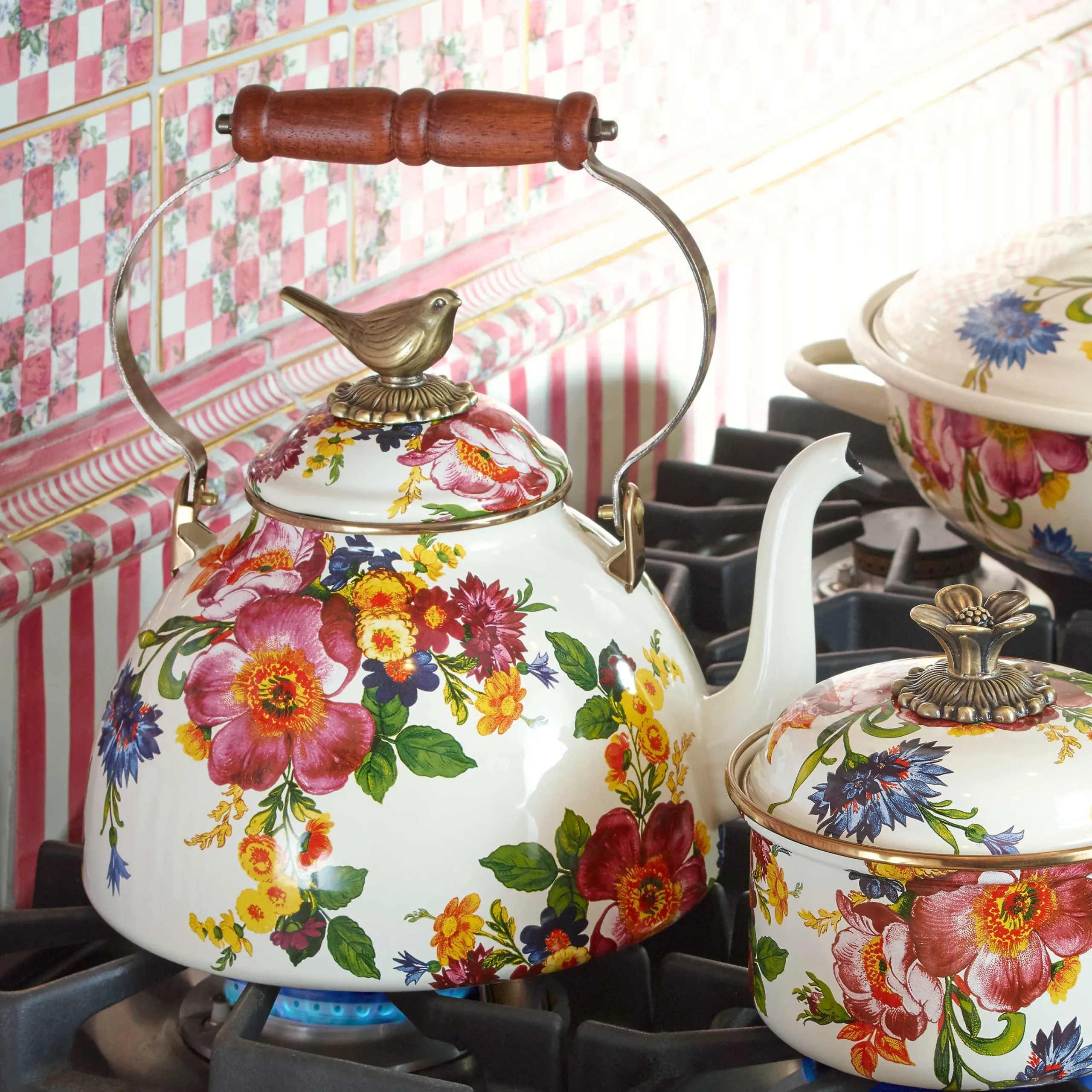 MacKenzie-Childs White Flower Market 3 Quart Tea Kettle with Bird| Cookware & Bakeware|Tea Kettles