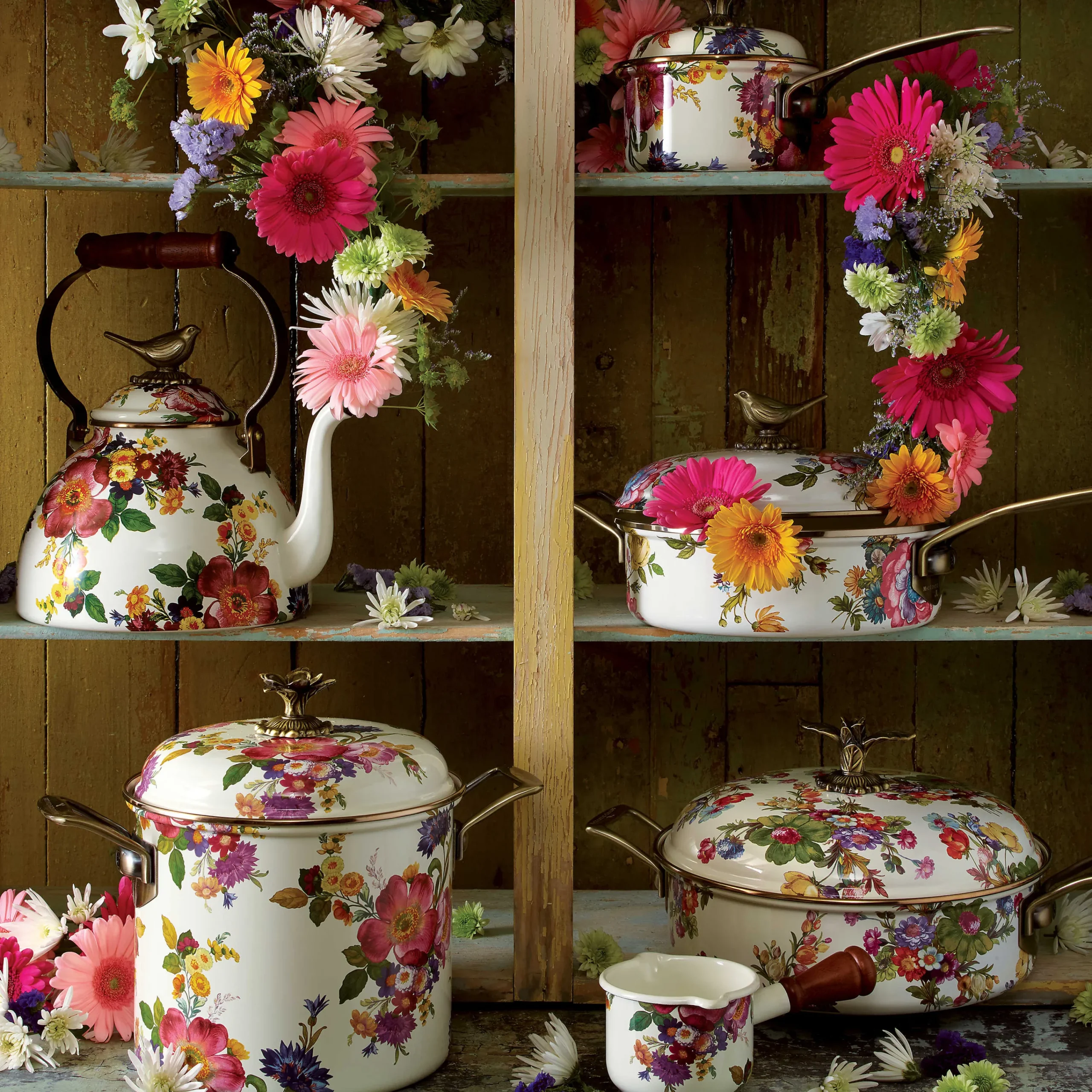 MacKenzie-Childs White Flower Market 3 Quart Tea Kettle with Bird| Cookware & Bakeware|Tea Kettles