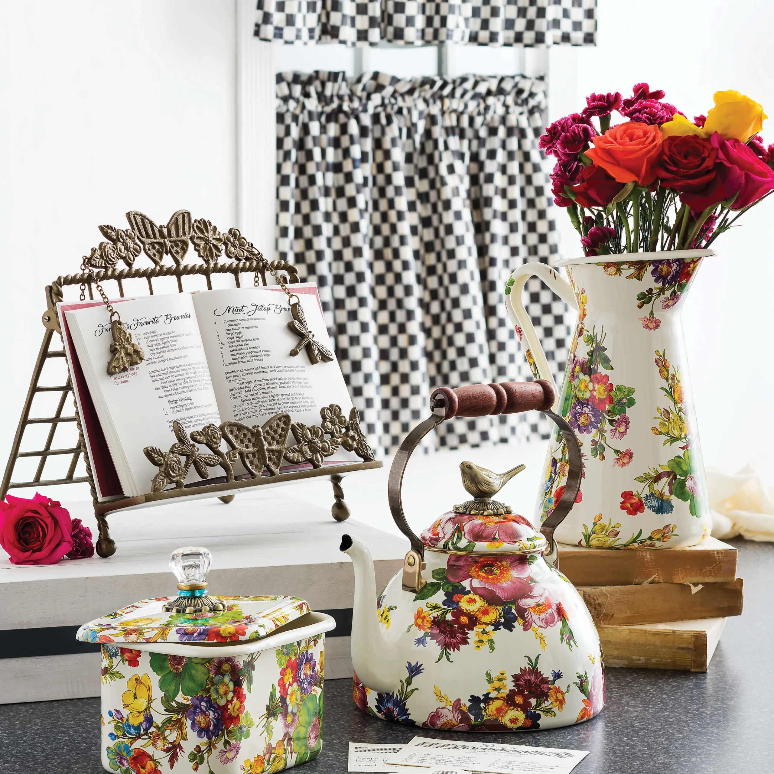 MacKenzie-Childs White Flower Market 3 Quart Tea Kettle with Bird| Cookware & Bakeware|Tea Kettles