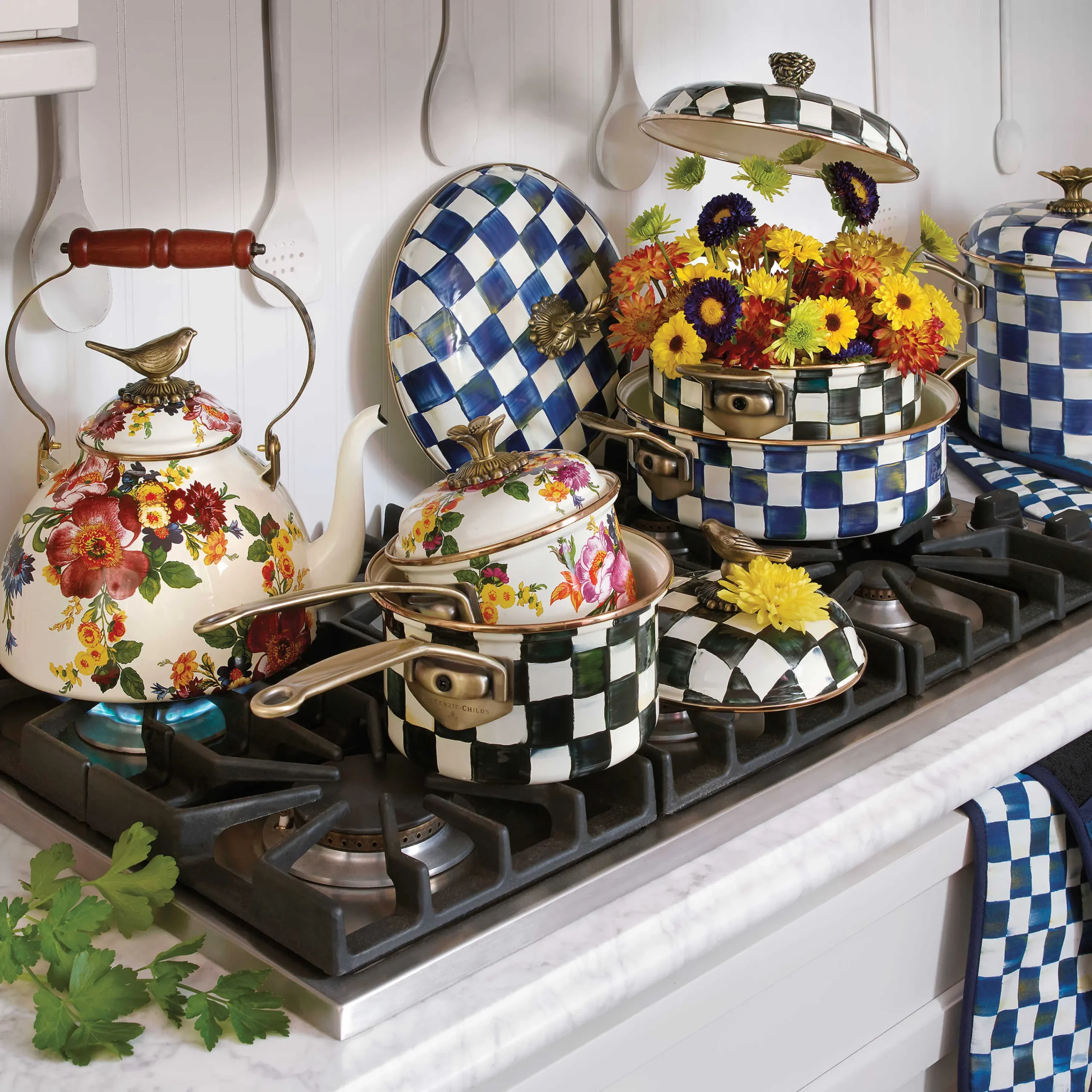 MacKenzie-Childs White Flower Market 3 Quart Tea Kettle with Bird| Cookware & Bakeware|Tea Kettles