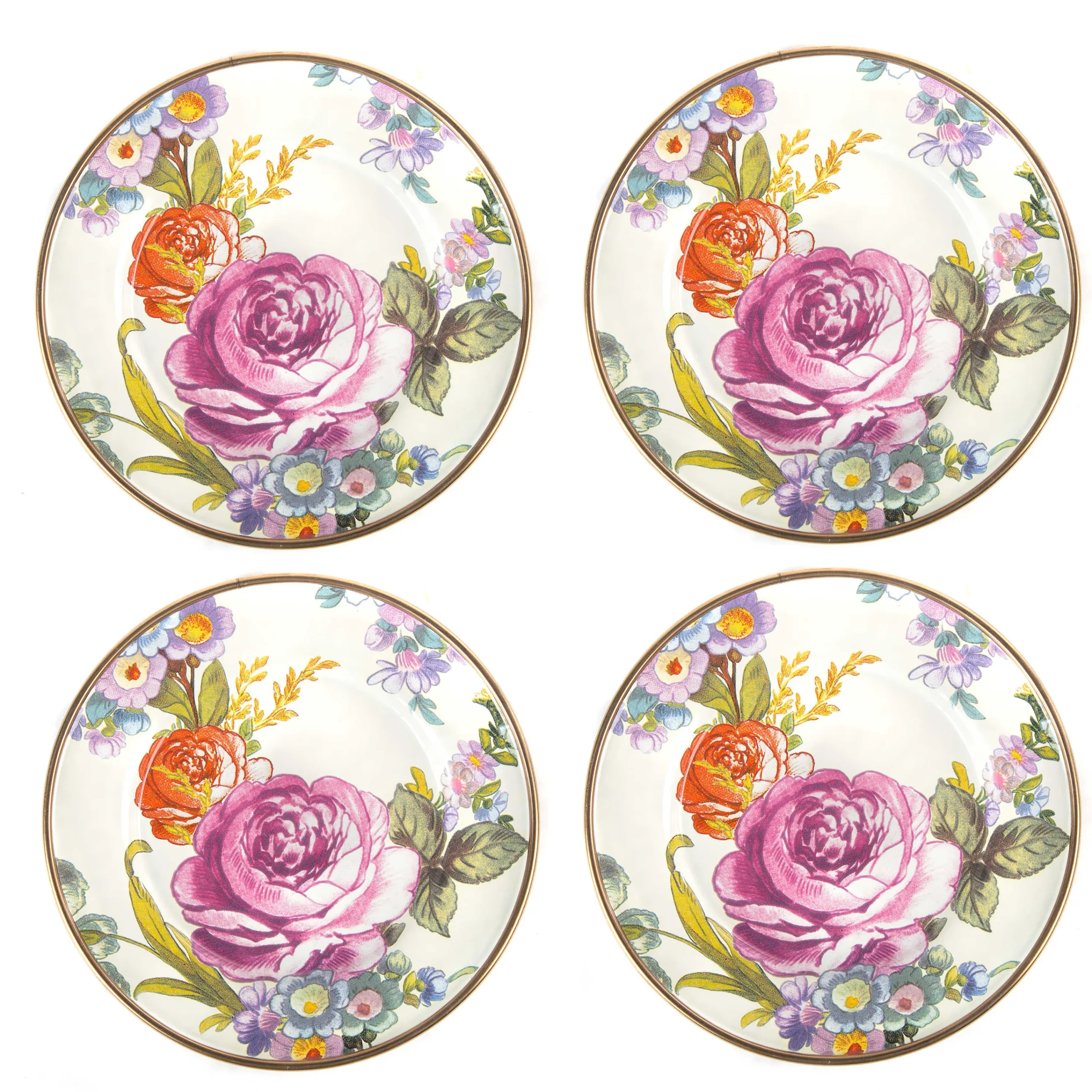 MacKenzie-Childs White Flower Market Appetizer Plates, Set of 4| Bar Entertaining|Serveware
