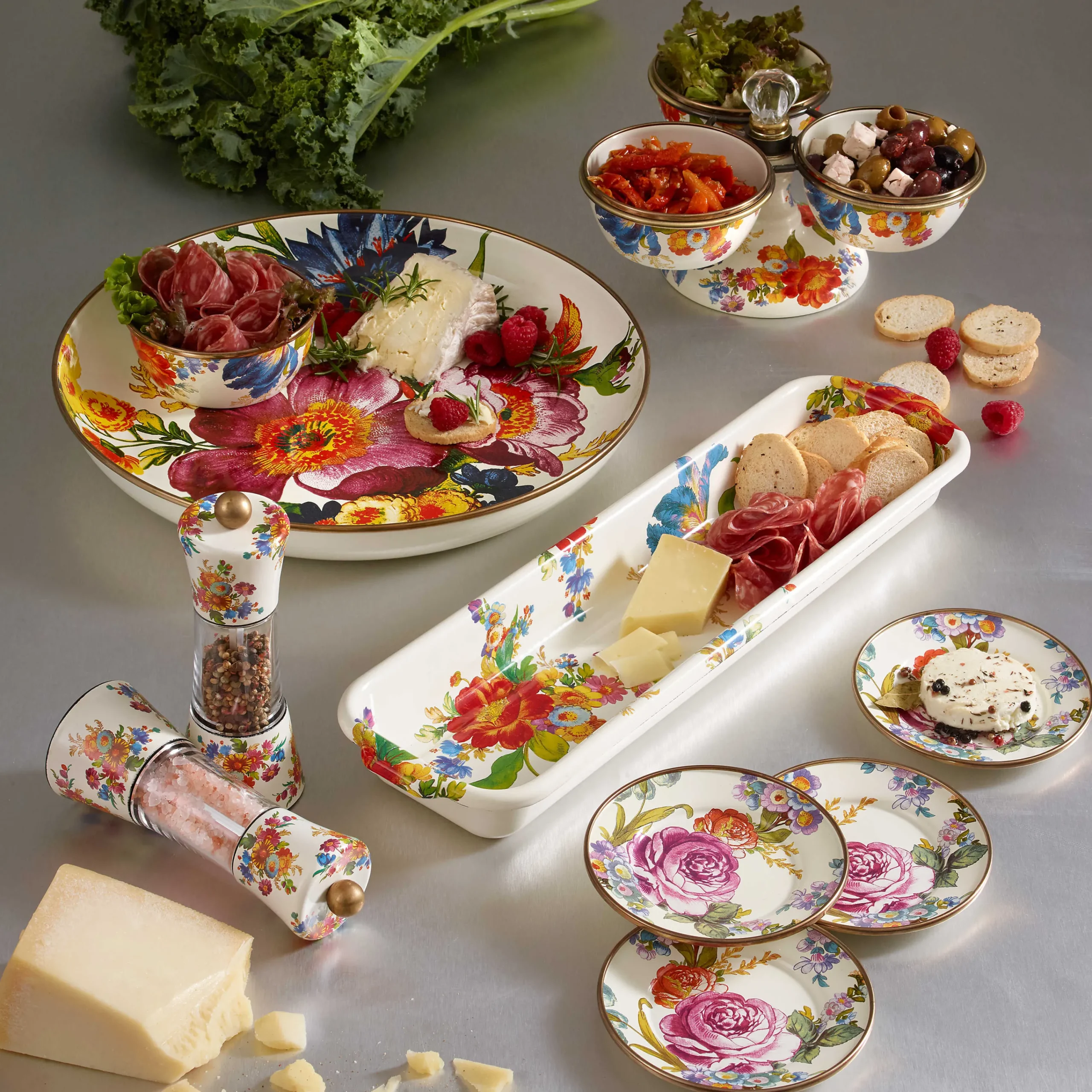 MacKenzie-Childs White Flower Market Appetizer Plates, Set of 4| Bar Entertaining|Serveware