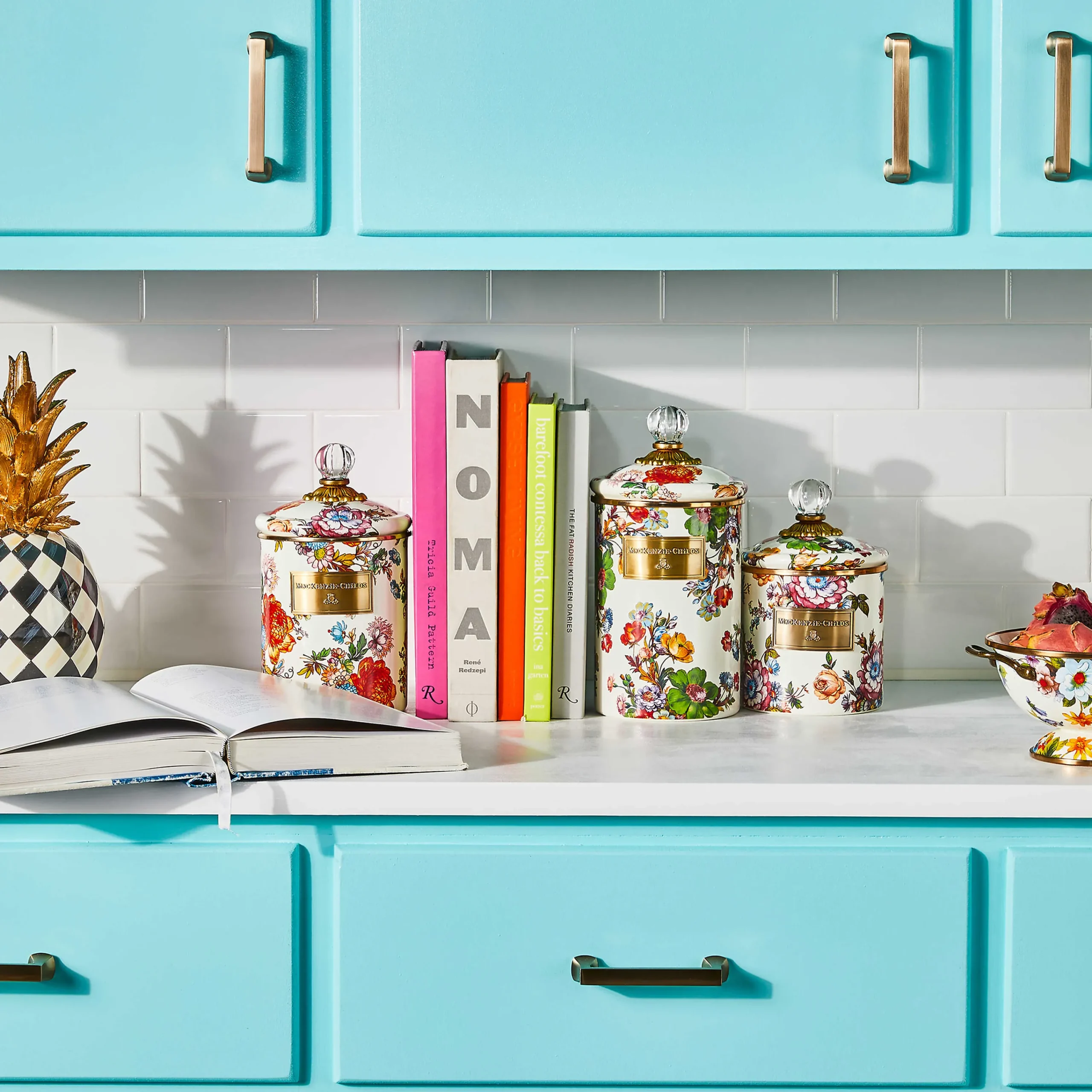 MacKenzie-Childs White Flower Market Large Canister| Room Accents|Kitchen Storage & Organization