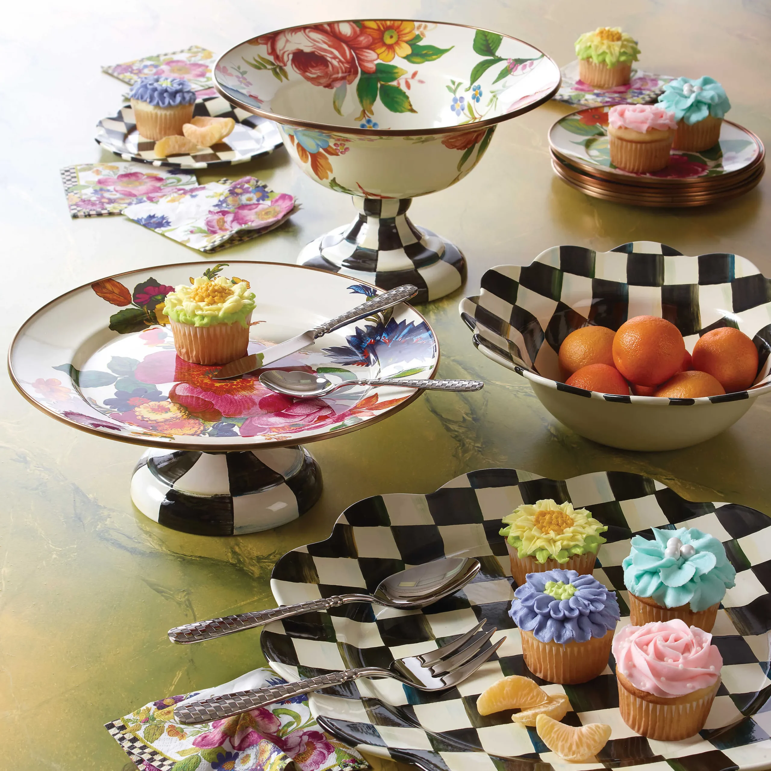 MacKenzie-Childs White Flower Market Small Pedestal Platter| Serveware