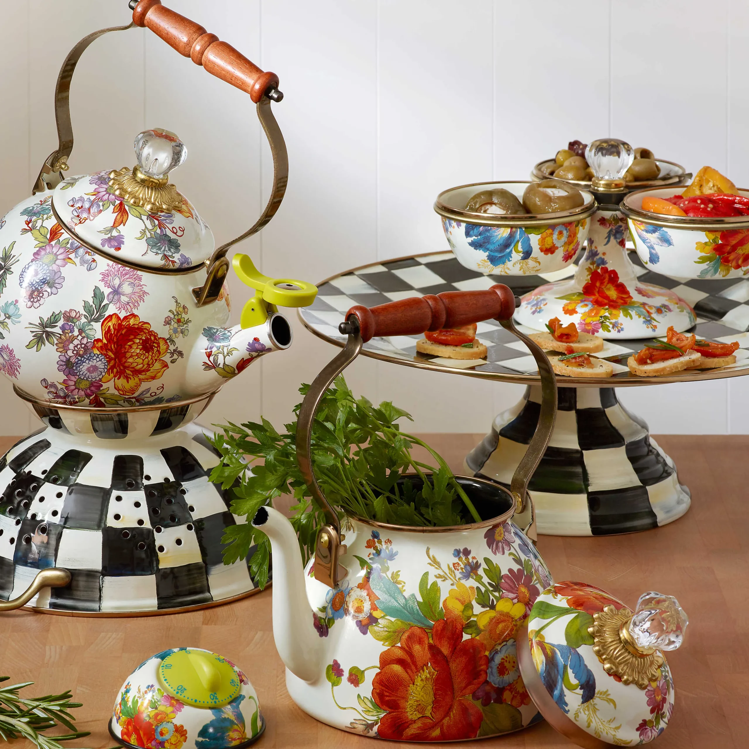 MacKenzie-Childs White Flower Market Triplicity| Bar Entertaining|Serveware