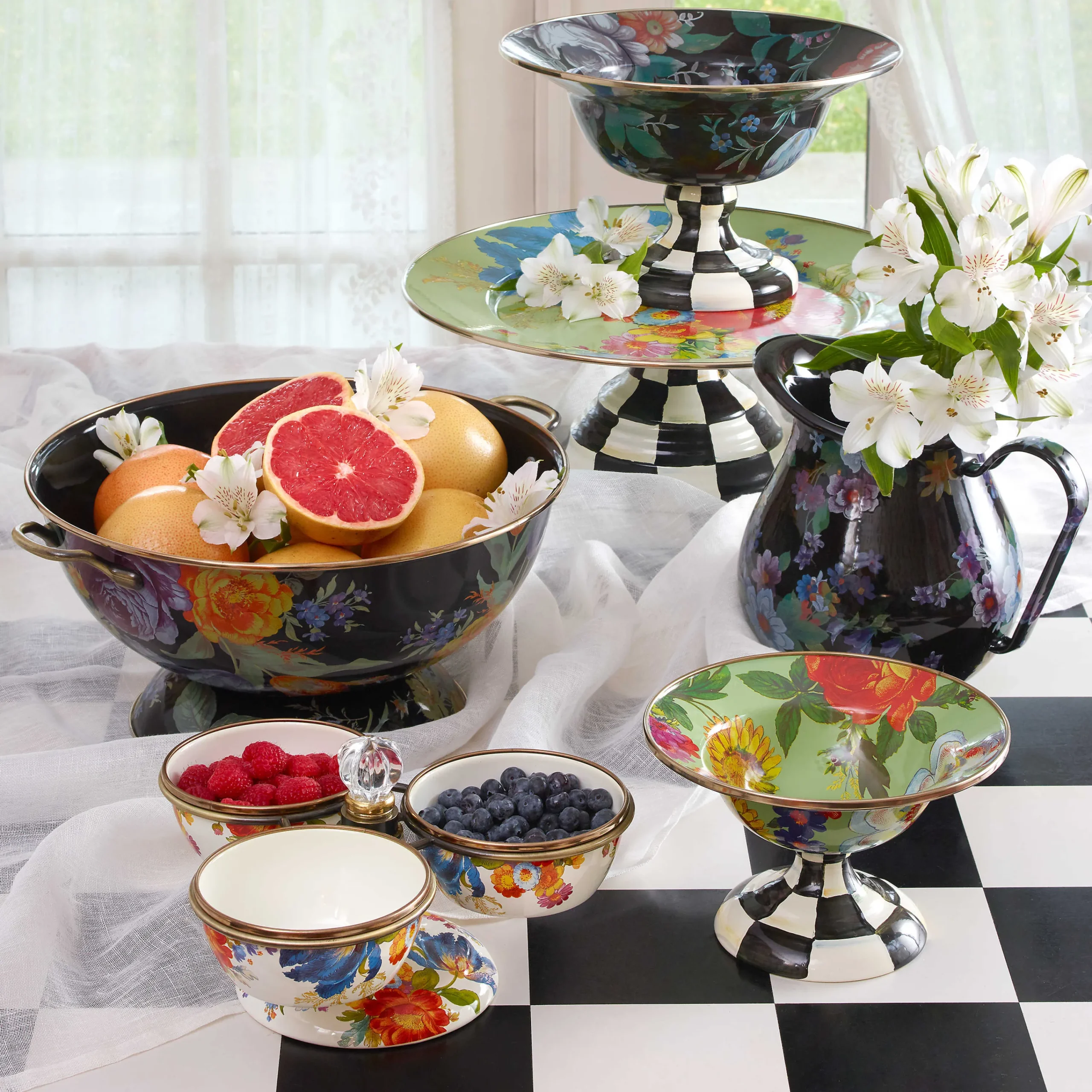 MacKenzie-Childs White Flower Market Triplicity| Bar Entertaining|Serveware