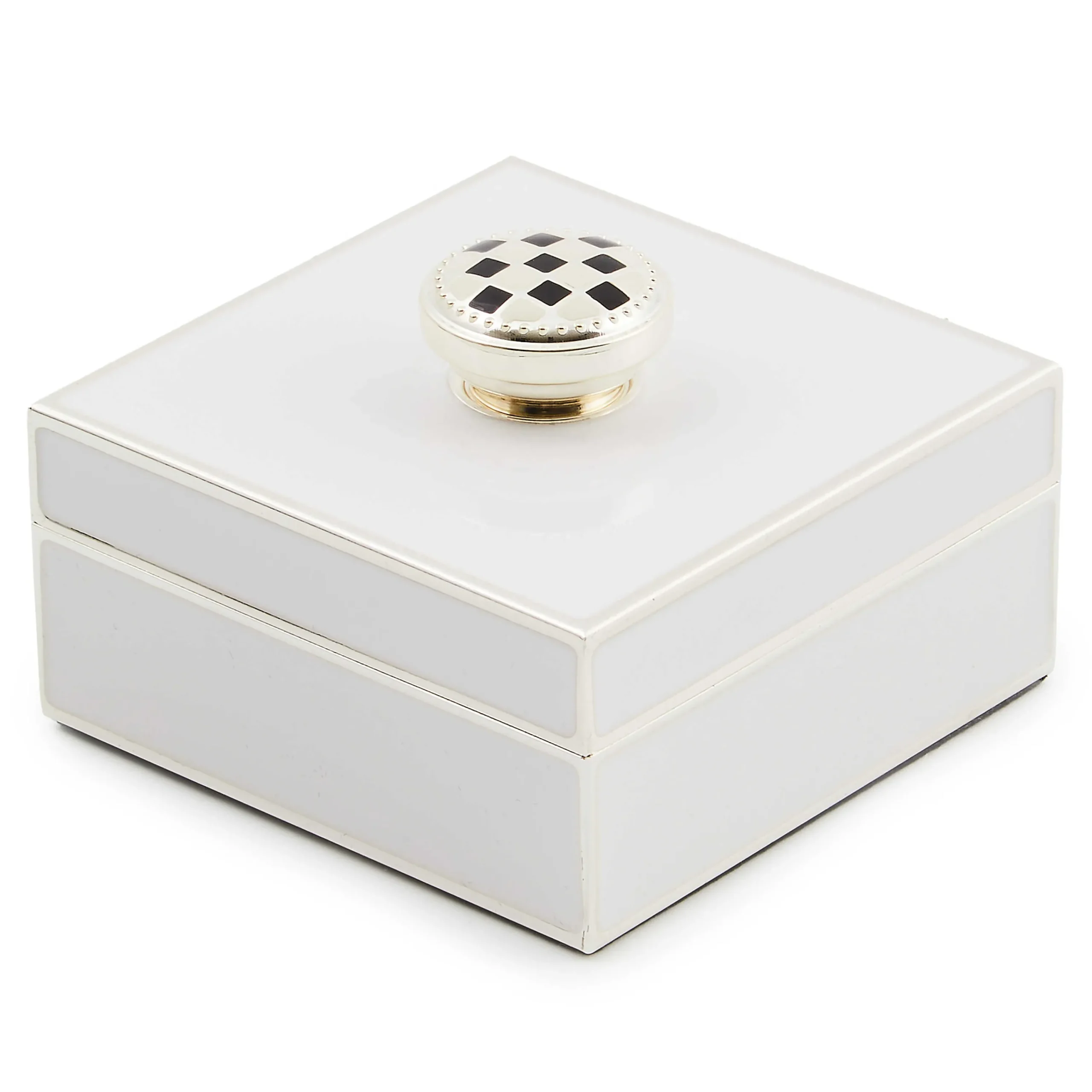 MacKenzie-Childs White Silver Plated Trinket Box with Check Knob| Room Accents