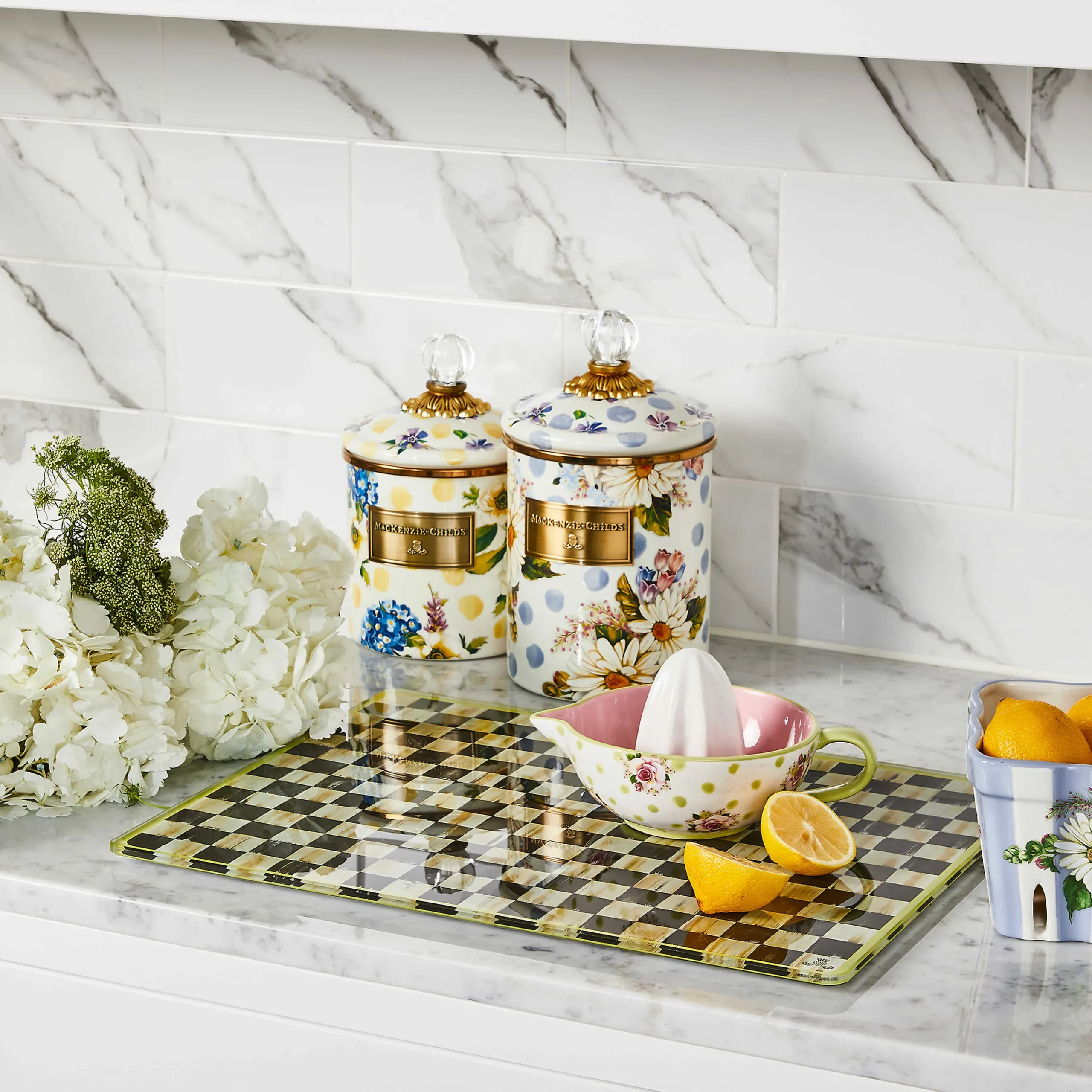 MacKenzie-Childs Wildflowers Blue Enamel Medium Canister| Kitchen Storage & Organization