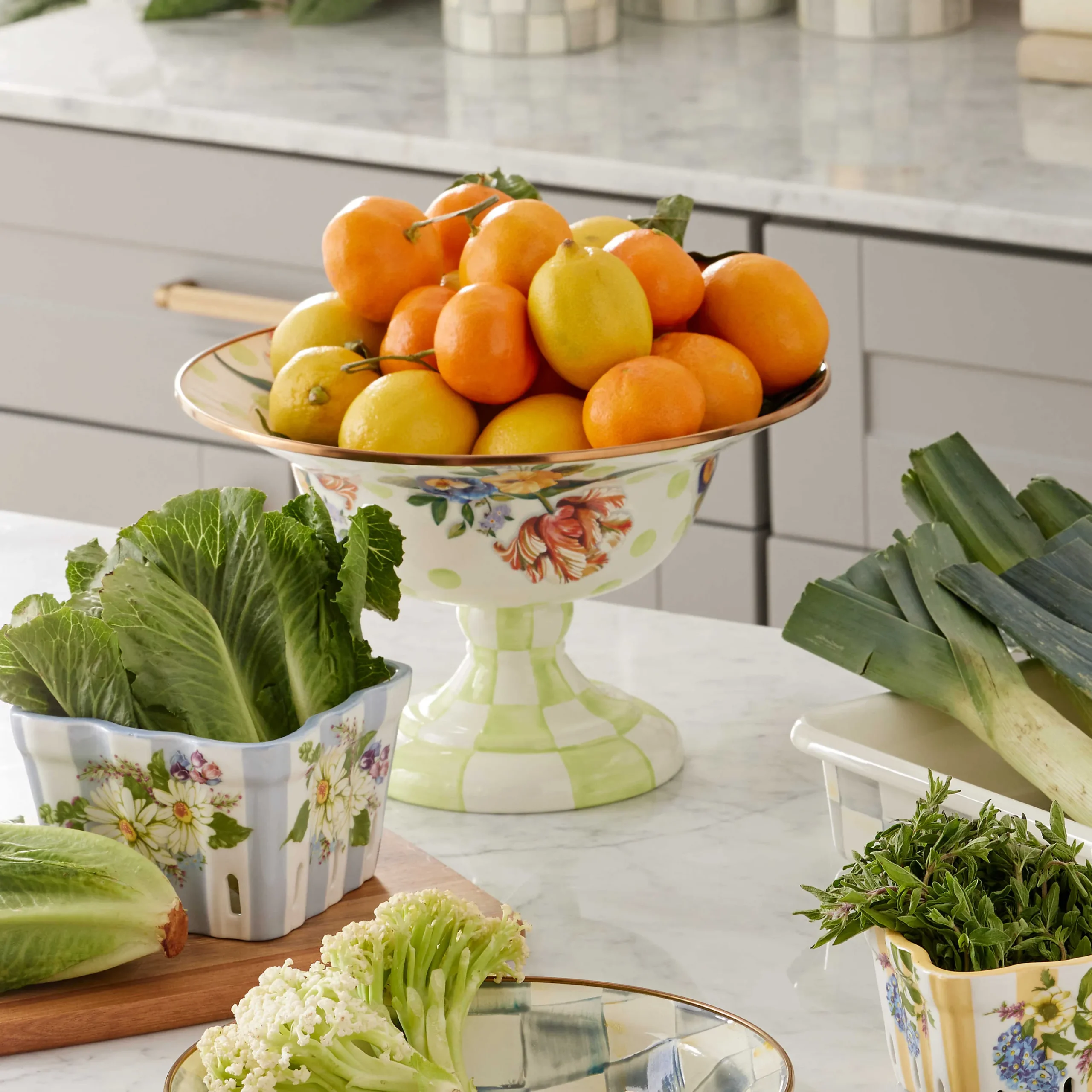 MacKenzie-Childs Wildflowers Green Large Compote| Spring|Serveware